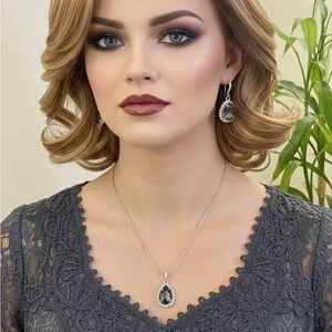 Elegant Black Diamond Silver Pendant Necklace and Earrings Set